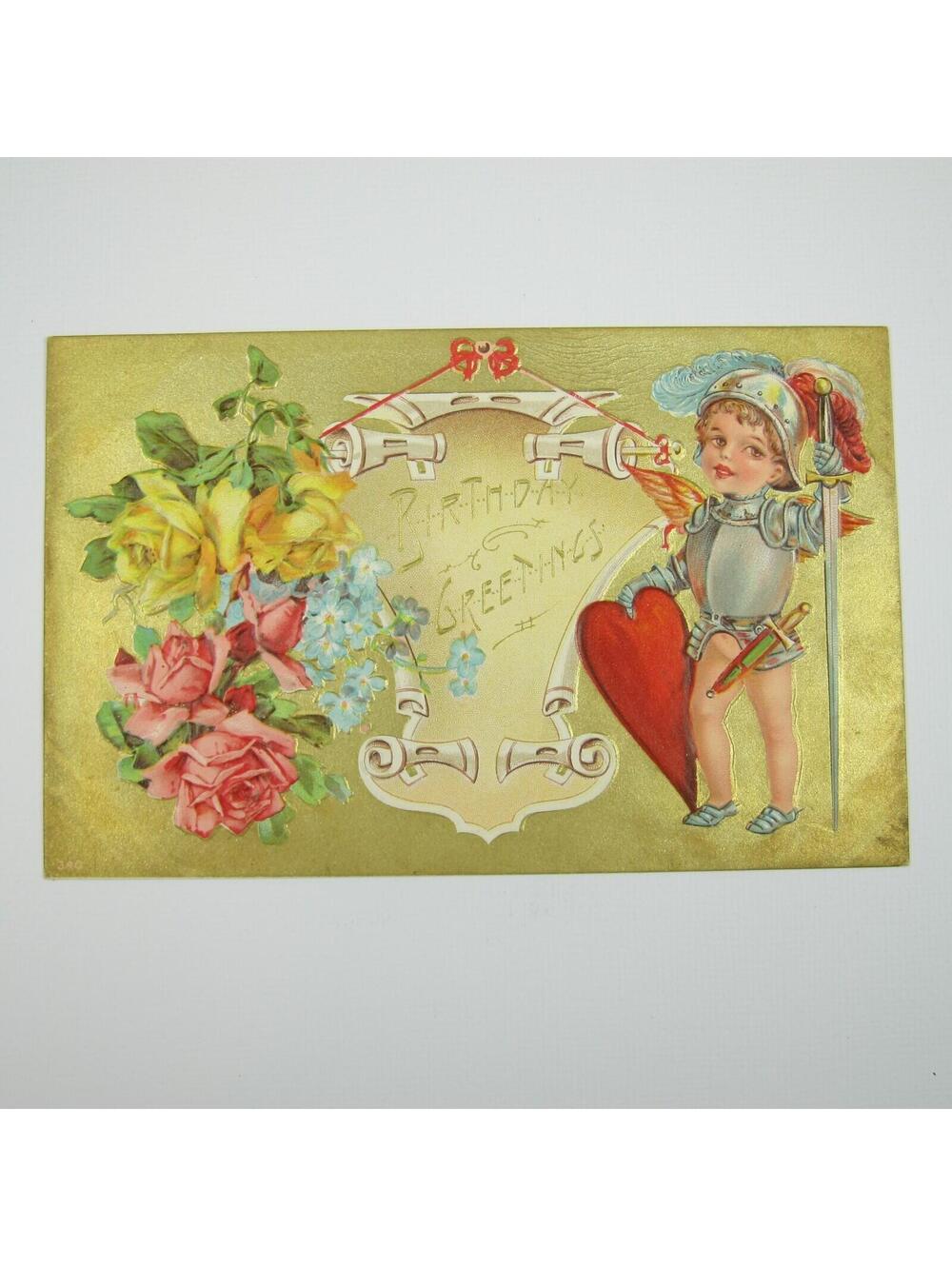 Postcard Birthday Greeting Antique Boy Knight in Armor Pink Yellow Rose UNPOSTED